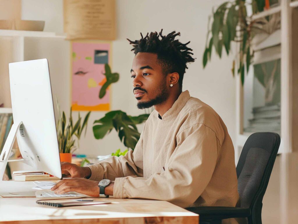 Bild: Ein junger Mann, der an seinem Schreibtisch arbeitet